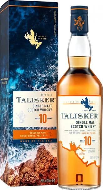 Talisker 10 Year Old Single Malt Scotch Whisky bottle and gift box with blue water splash design