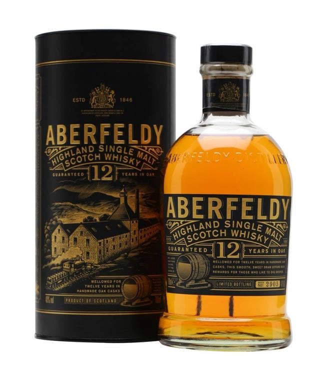 Aberfeldy 12 Year Old Highland Single Malt Scotch Whisky bottle with black cylindrical packaging