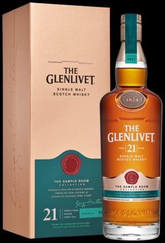 The Glenlivet 21-year-old Single Malt Scotch Whisky bottle with its cream-colored box packaging displayed against a black background
