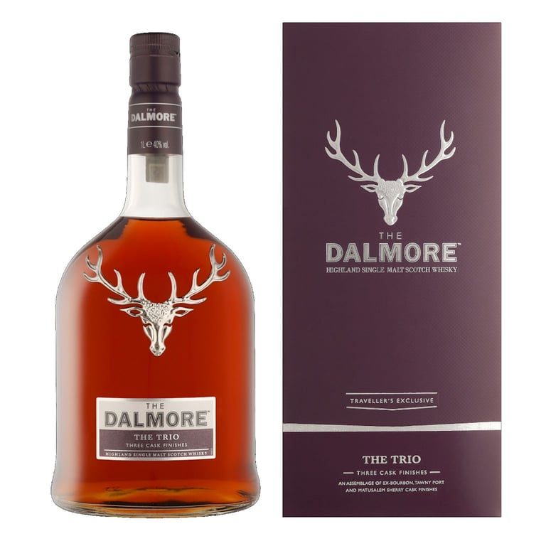 The Dalmore The Trio Highland Single Malt Scotch Whisky bottle and burgundy gift box packaging with deer logo