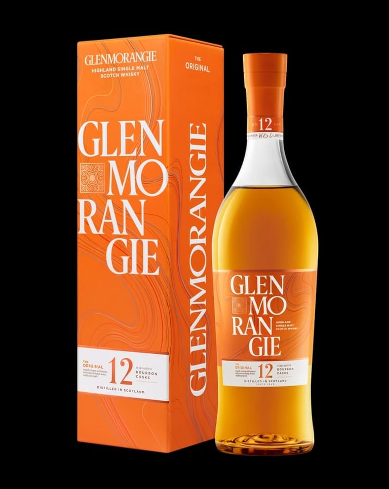 Glenmorangie 12-year-old single malt Scotch whisky bottle with orange packaging box on black background