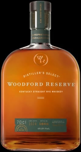 Bottle of Woodford Reserve Kentucky Straight Rye Whiskey with amber liquid and green label on black background