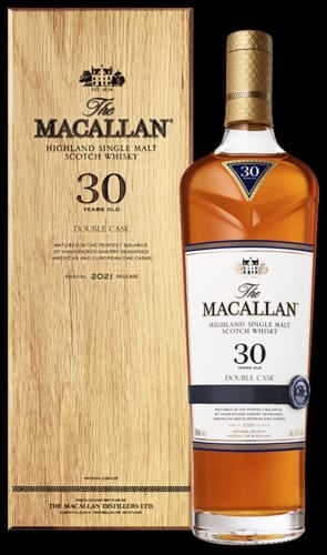 The Macallan 30 year old Highlands single malt Scotch whisky bottle with wooden gift box
