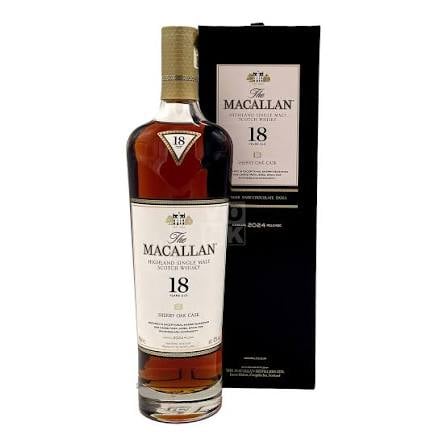 Macallan 18 Year Old single malt Scotch whisky bottle with gold foil cap next to its black gift box
