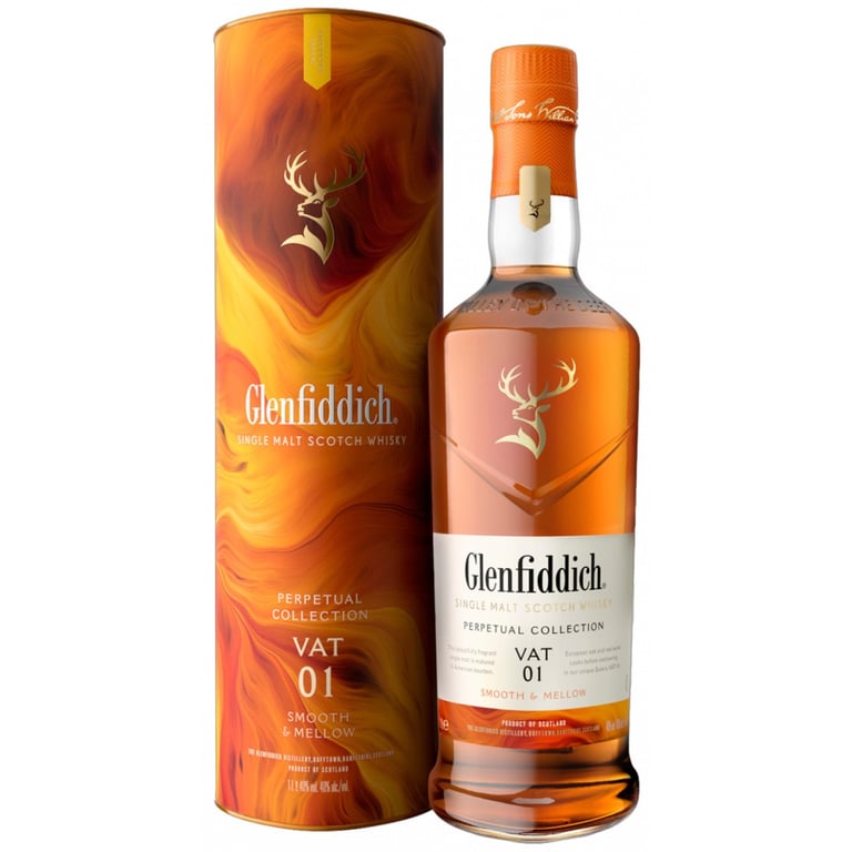 Glenfiddich Single Malt Scotch Whisky bottle with distinctive orange cylindrical box featuring stag logo and VAT 01 label