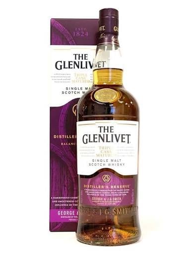 The Glenlivet single malt Scotch whisky bottle with matching purple box on white background