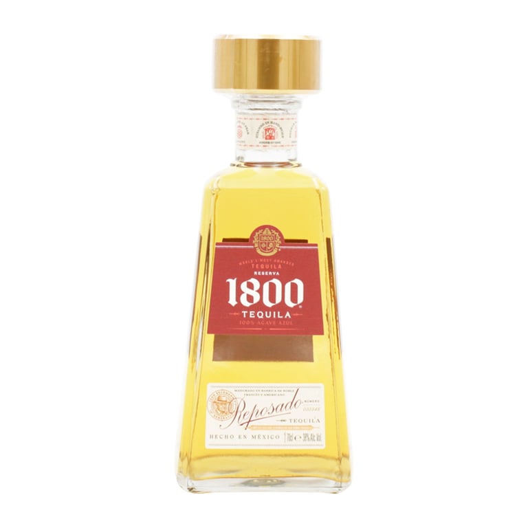 Bottle of 1800 Tequila with gold cap and red label on white background