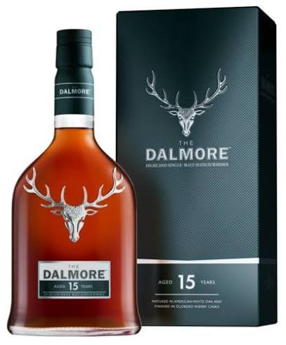 Dalmore 15 Year Old single malt Scotch whisky bottle with stag logo and matching dark gift box