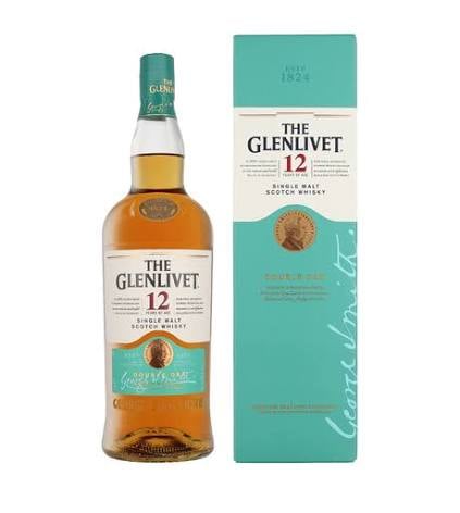 The Glenlivet 12 Year Old Single Malt Scotch Whisky bottle next to its turquoise box packaging