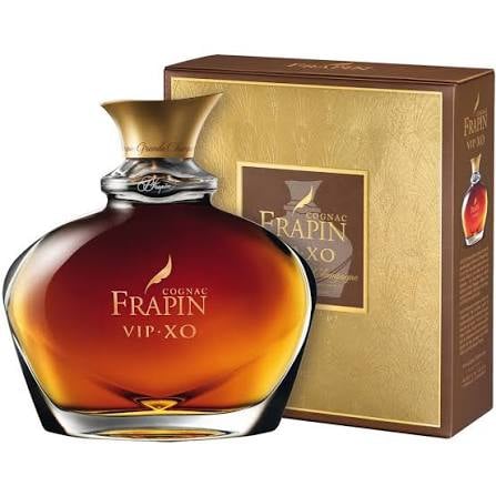 Frapin VIP XO Cognac bottle with gold foil label next to its cream and brown gift box packaging