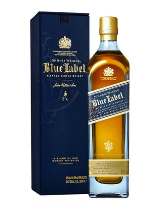Johnnie Walker Blue Label Blended Scotch Whisky bottle with navy blue box packaging
