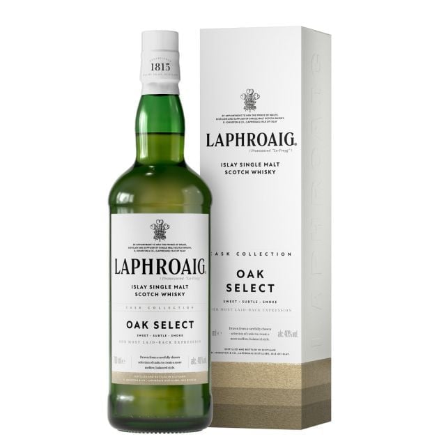 Bottle of Laphroaig Oak Select Islay single malt scotch whisky with its white gift box packaging