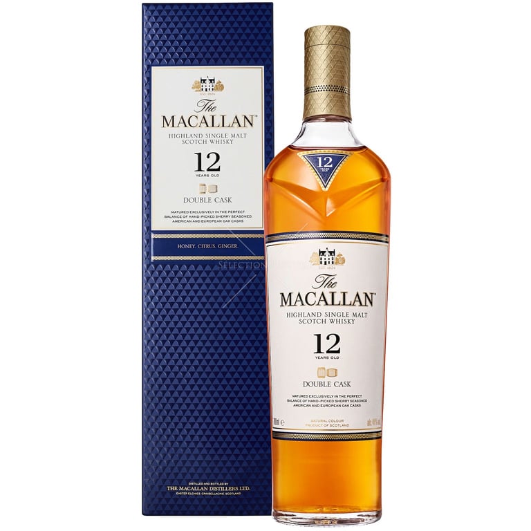 Bottle of The Macallan 12 Year Old Highland Single Malt Scotch Whisky with its blue and cream presentation box