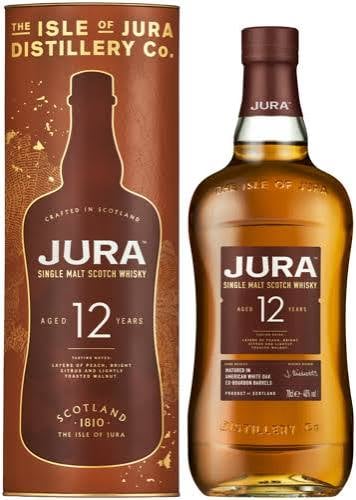 Jura 12 Year Old Single Malt Scotch Whisky bottle with its brown box packaging, distilled in Scotland since 1810