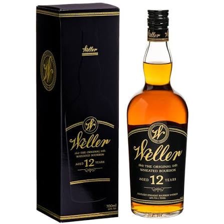 Bottle of Weller 12 Year Old wheated bourbon whiskey with black and gold gift box packaging