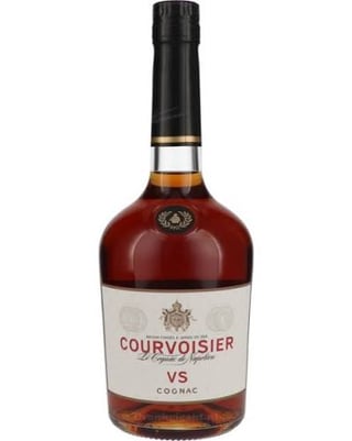 Bottle of Courvoisier VS Cognac with black cap and cream-colored label on white background