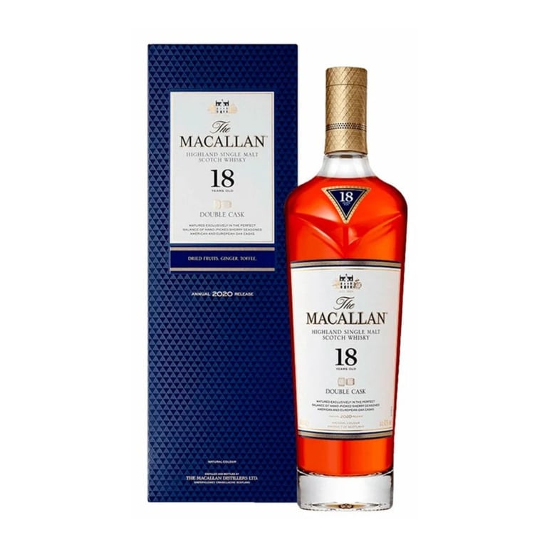 The Macallan 18 Year Old Double Cask Scottish single malt whisky bottle with its navy blue gift box