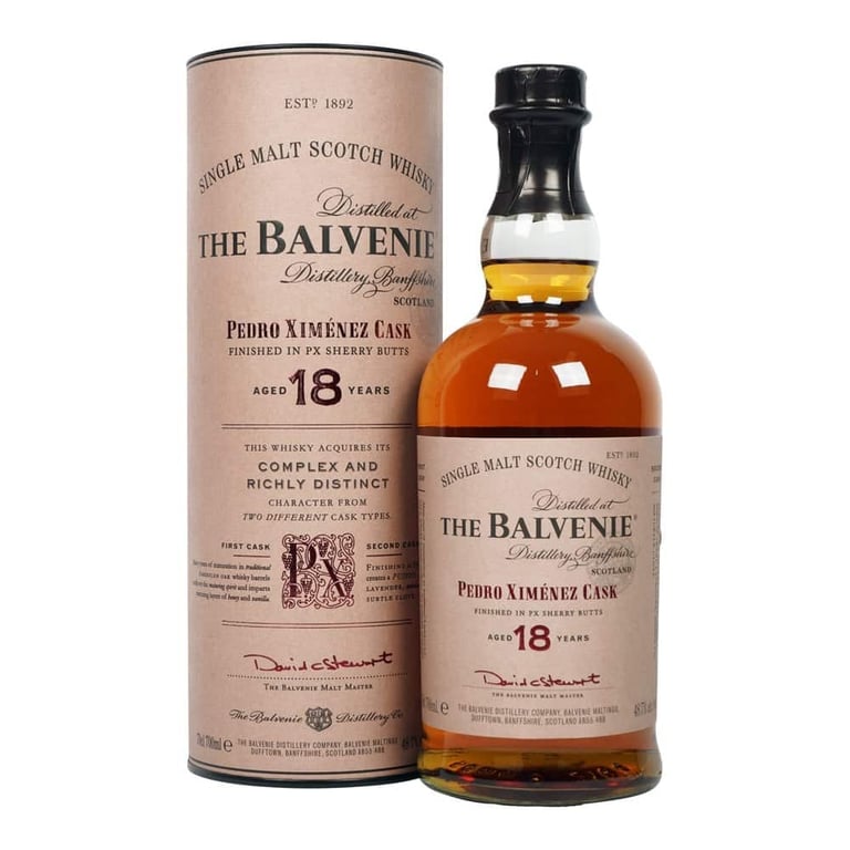 Bottle of The Balvenie 18-year-old Pedro Ximenez Cask single malt Scotch whisky with its cylindrical box packaging