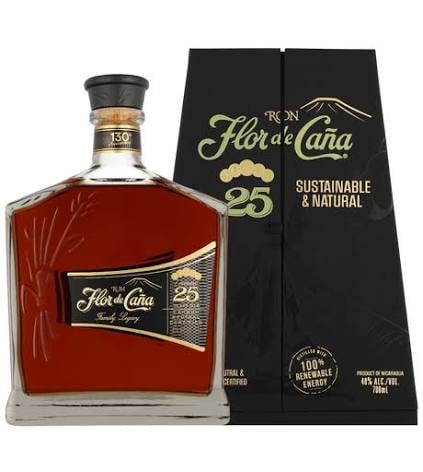 Flor de Cana 25-year aged rum bottle with black gift box packaging labeled sustainable and natural