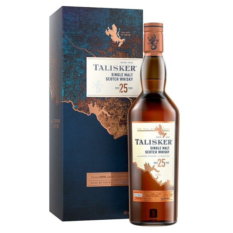 Bottle of Talisker 25 Year Old Single Malt Scotch Whisky with its dark blue and bronze presentation box