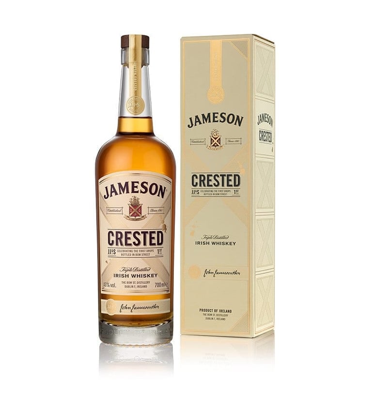 Jameson Crested Irish Whiskey bottle with its cream-colored gift box
