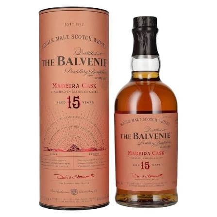 The Balvenie 15 Year Old Madeira Cask single malt Scotch whisky bottle with packaging box