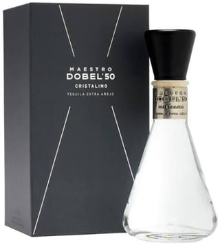 Maestro Dobel 50 Cristalino tequila bottle with black cap next to its dark gray packaging box
