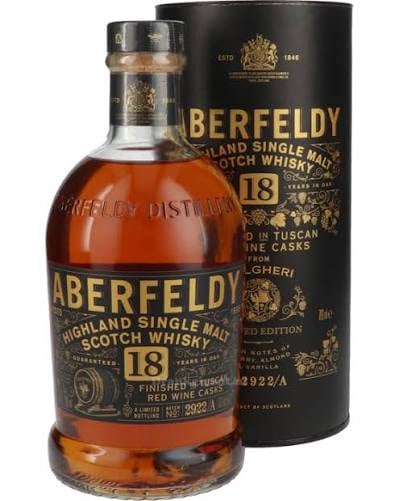 Aberfeldy 18 year old Highland Single Malt Scotch Whisky bottle with black cylinder packaging