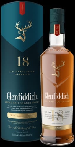 Glenfiddich 18 Single Malt Scotch Whisky bottle and cylindrical packaging box