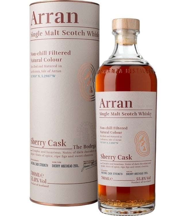 Arran Single Malt Scotch Whisky Sherry Cask bottle with cylindrical packaging tube