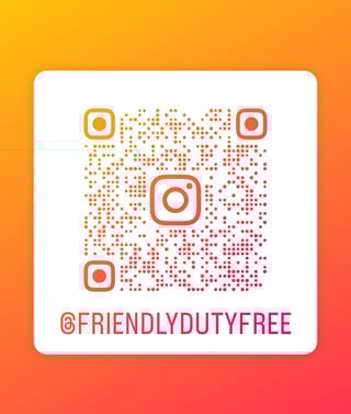 Instagram QR code for @friendlydutyFree account with gradient orange and pink background