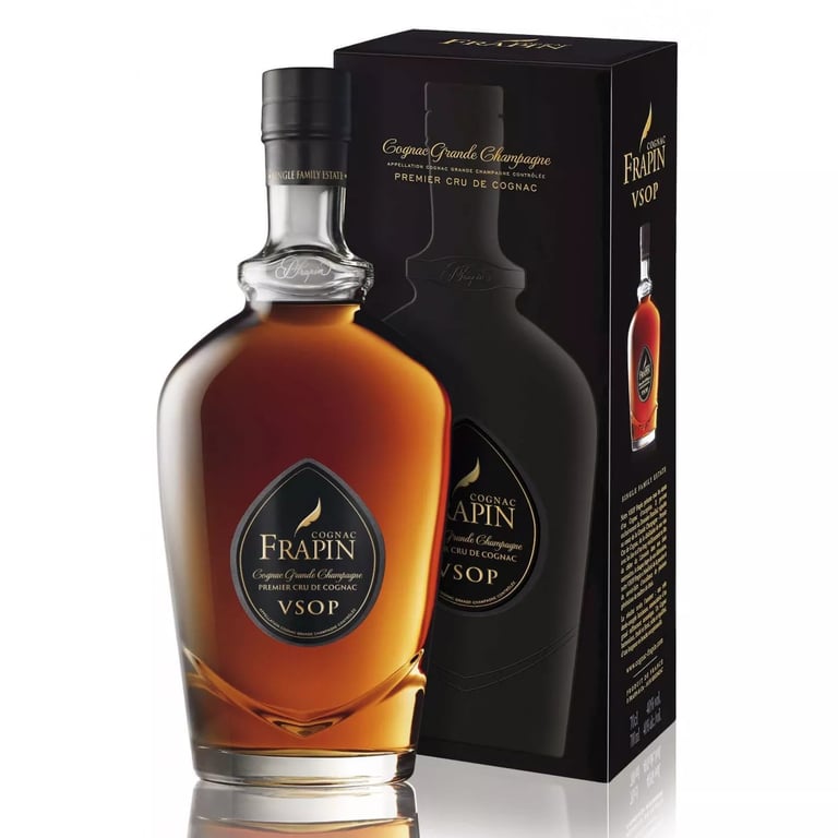 Frapin VSOP Cognac bottle with elegant oval label next to its black premium gift box packaging