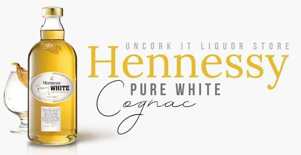 Hennessy Pure White Cognac bottle with gold label displayed next to text reading Uncork It Liquor Store branding