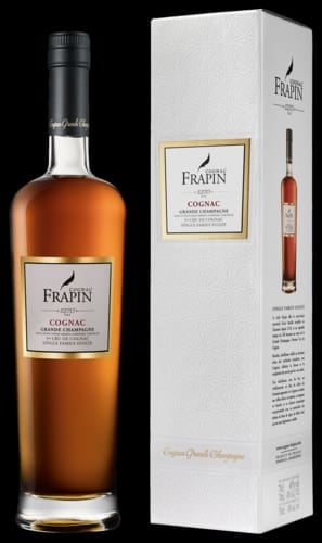 Frapin Cognac bottle next to its white gift box packaging with gold label details