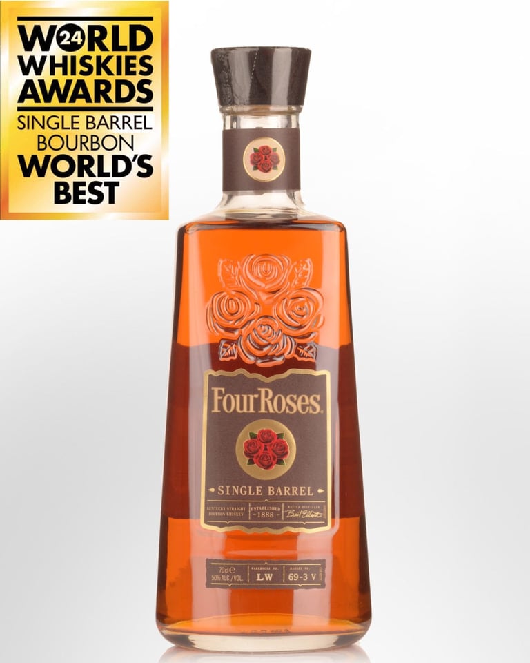 Four Roses Single Barrel bourbon bottle with World Whisky Awards best single barrel bourbon award label