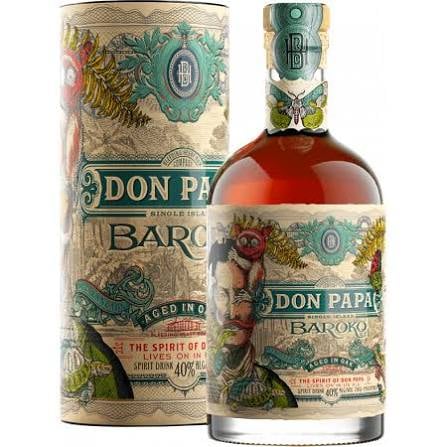 Don Papa Baroko rum bottle and decorative tube packaging with vintage-style floral labels