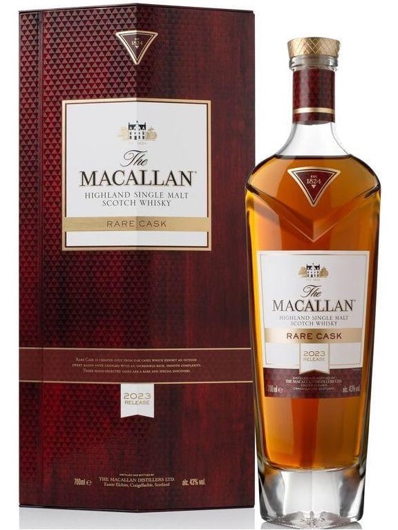 The Macallan Rare Cask Highland single malt Scotch whisky bottle with burgundy gift box packaging