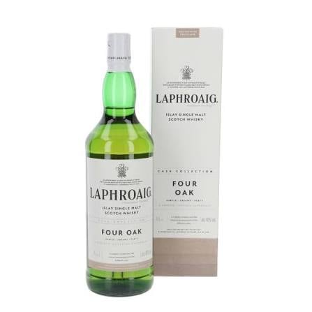 Bottle of Laphroaig Four Oak single malt Scotch whisky with its original box packaging