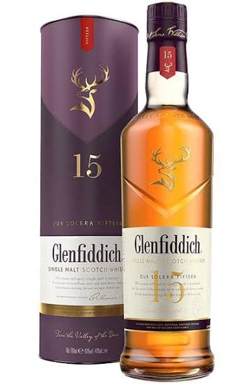 Glenfiddich 15 Year Old single malt Scotch whisky bottle with purple cylindrical packaging box