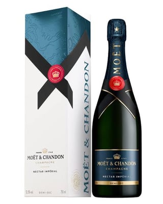 Moet & Chandon Nectar Imperial champagne bottle and its decorative gift box with blue and black design