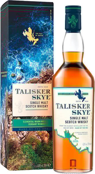 Talisker Skye Single Malt Scotch Whisky bottle with its blue and green decorated box featuring a map of the Isle of Skye