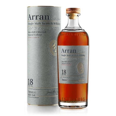 Arran 18 Year Old Single Malt Scotch Whisky bottle with cylindrical tin packaging