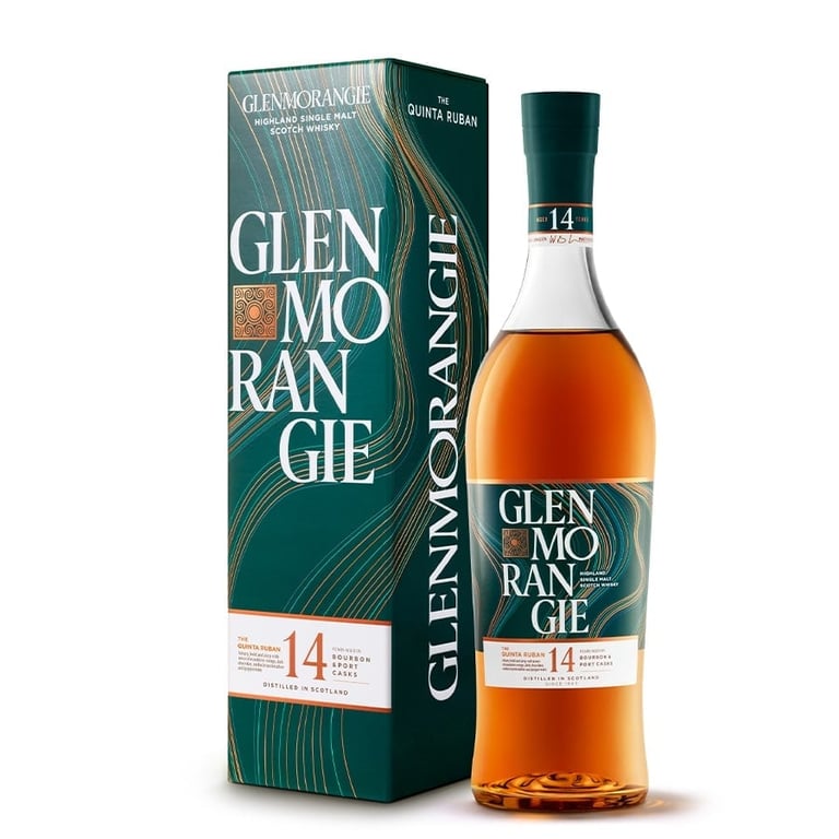 Glenmorangie 14-year-old single malt Scotch whisky bottle with its teal green packaging box