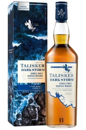 Talisker Dark Storm single malt Scotch whisky bottle with its blue and black patterned box, travel exclusive edition