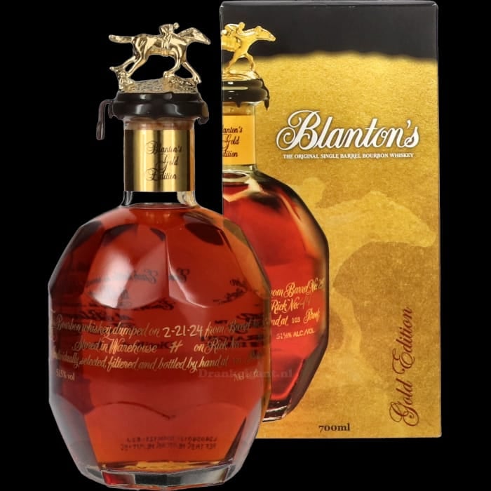 Blantons single barrel bourbon whiskey bottle with gold horse stopper and matching box packaging