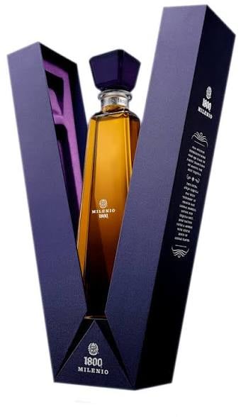 Milenio 1800 premium tequila bottle with dark purple V-shaped box packaging