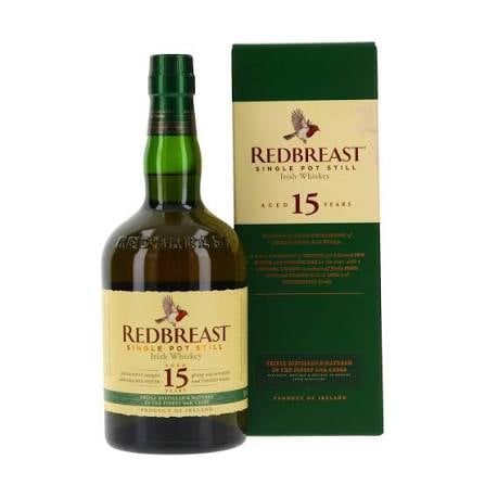 Redbreast 15 Year Old Irish whiskey bottle with matching green and cream box packaging