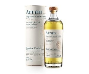 Arran Quarter Cask single malt scotch whisky bottle with its cylindrical packaging box