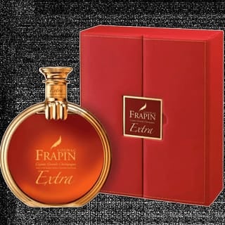 Frapin Extra cognac bottle and red gift box against dark textured background