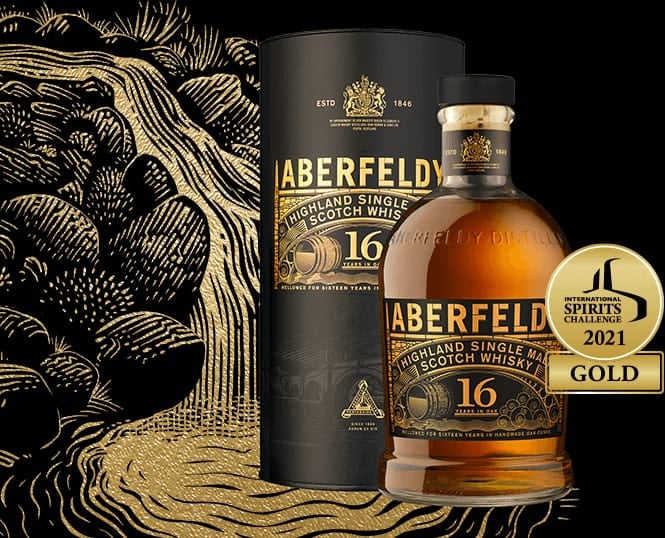 Aberfeldy 16-year single malt Scotch whisky bottle with black cylinder box and gold medal seal on black background